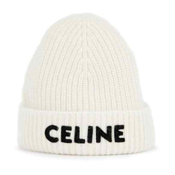 Celine Paris White Black Logo Laine Knit Wool Embroidered Beanie Cap Winter Hat main image 11